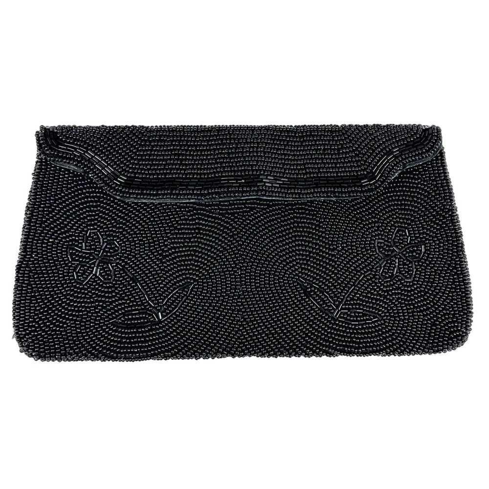 VTG Black Fully Beaded Clutch Bag 1950s Floral Design
